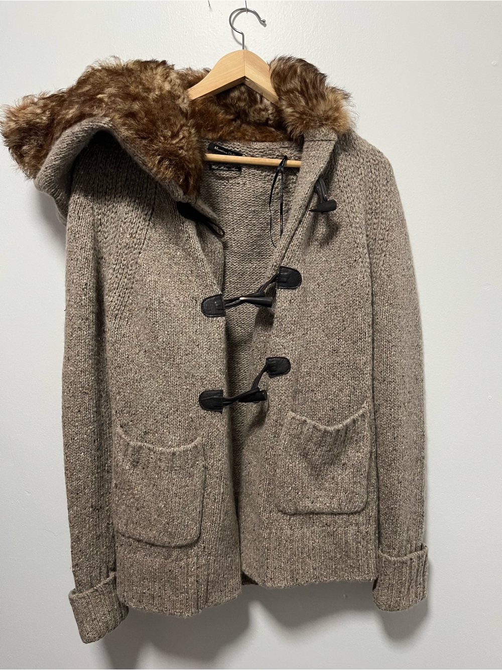 Massimo Dutti Taupe Knit Hooded Cardigan with Brown Faux Fur Trim